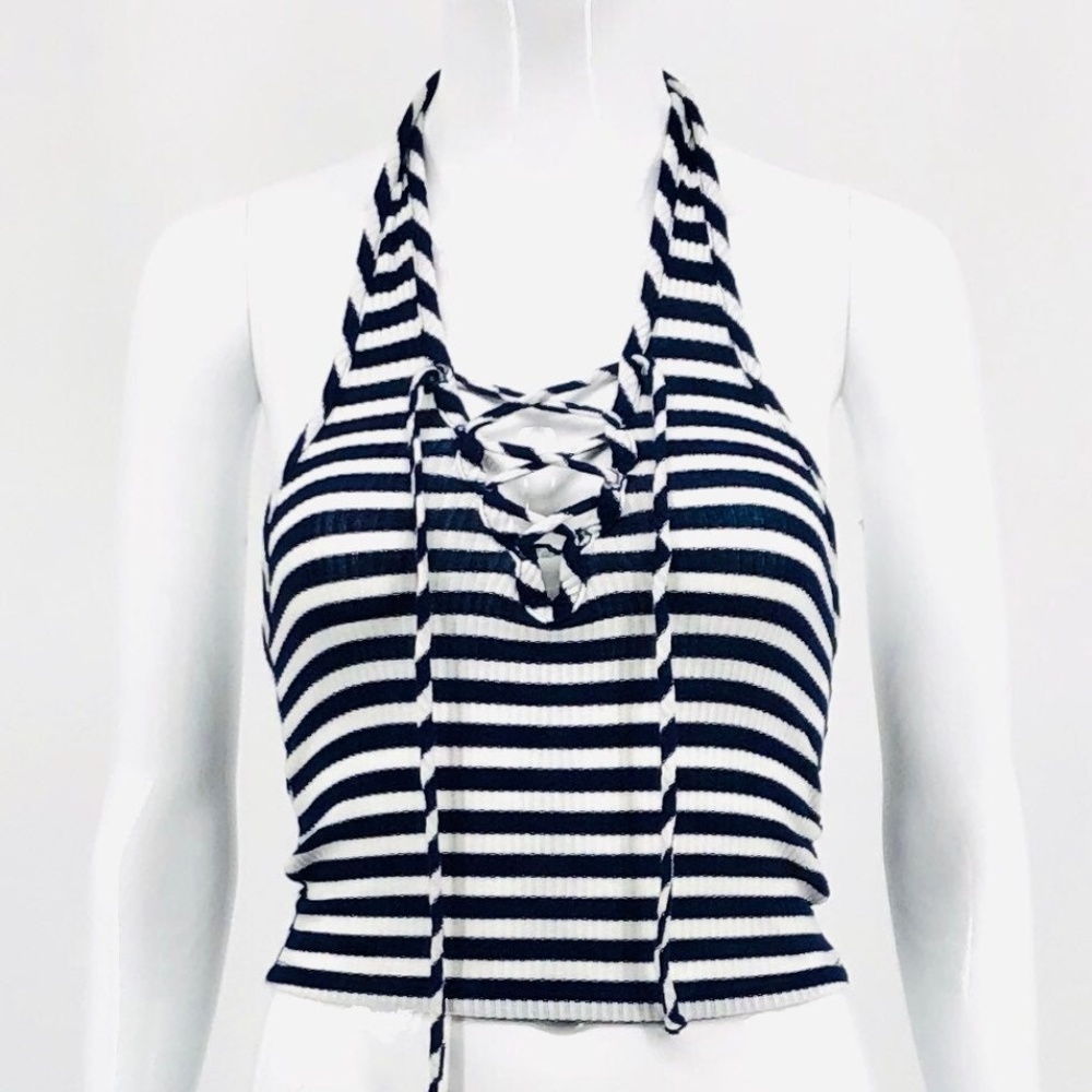 NWT UO White & Blue Lace Tie Halter Top - Stretchy